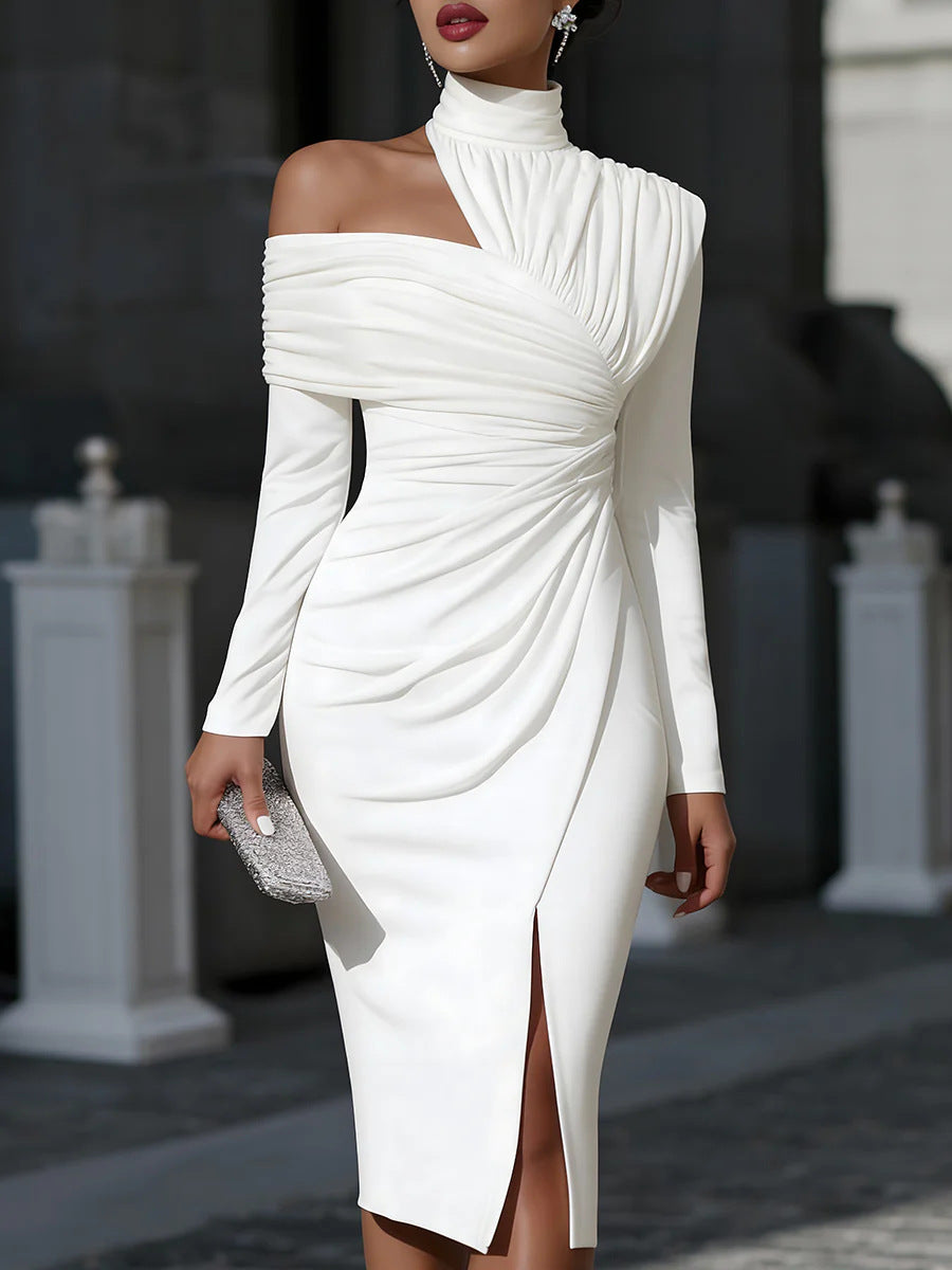 White Asymmetric Ruched Midi Dress | Elegant Long Sleeve Evening Dress